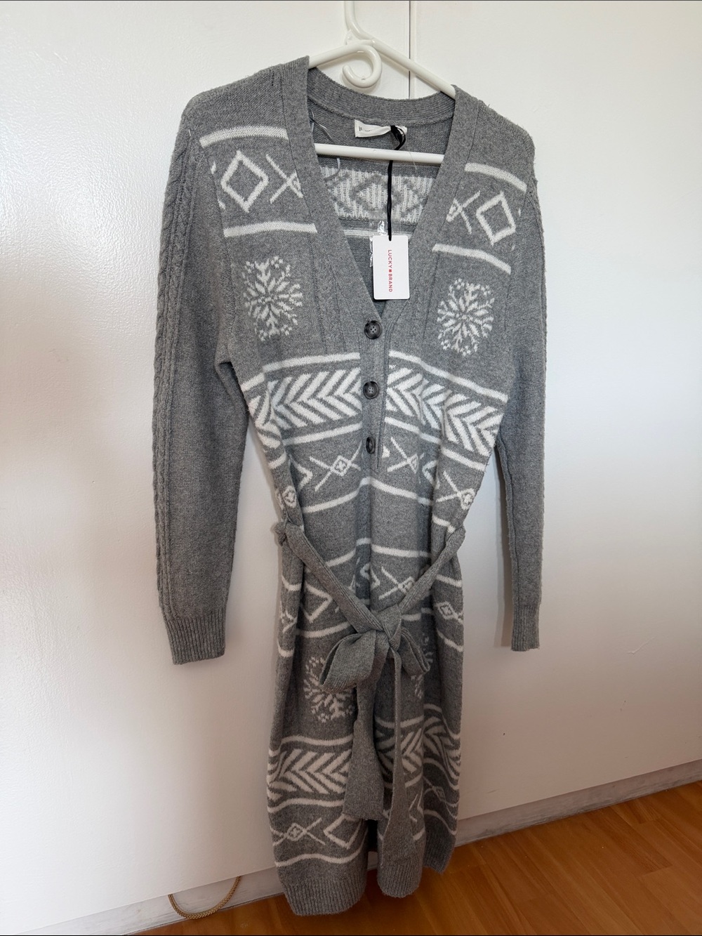 Lucky Brand Gray and White Patterned Button-Front Cardigan Dress